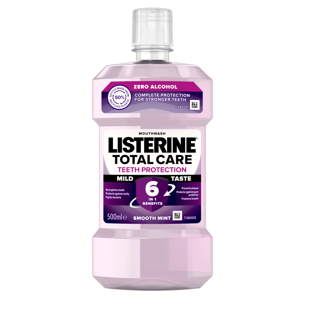 Listerine Total Care Teeth Protection 6 benefits in 1 Mild Taste 500 ml termékfotó, complete protection for stronger teeth, strengthens teeth, protects against cavity, fights bacteria, prevents plaque, protects against gum problems, freshens breath felira
