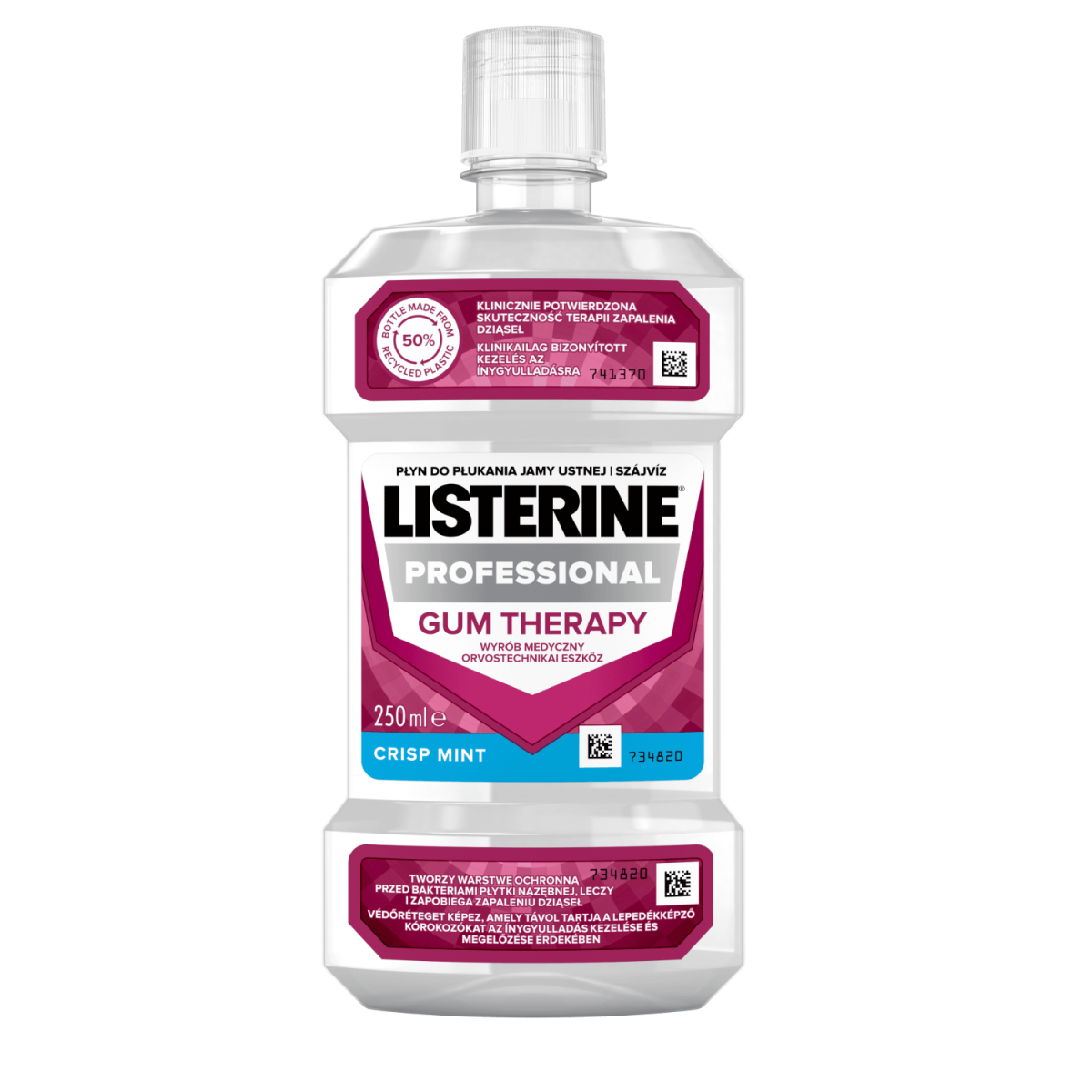 Listerine Professional Gum Therapy 250 ml orvostechnikai eszköz termékfotó, klinikailag bizonyított kezelés az ínygyulladásra és védőréteget képez, amely távol tartja a lepedékképző kórokozókat az ínygyulladás kezelése és megelőzése érdekében