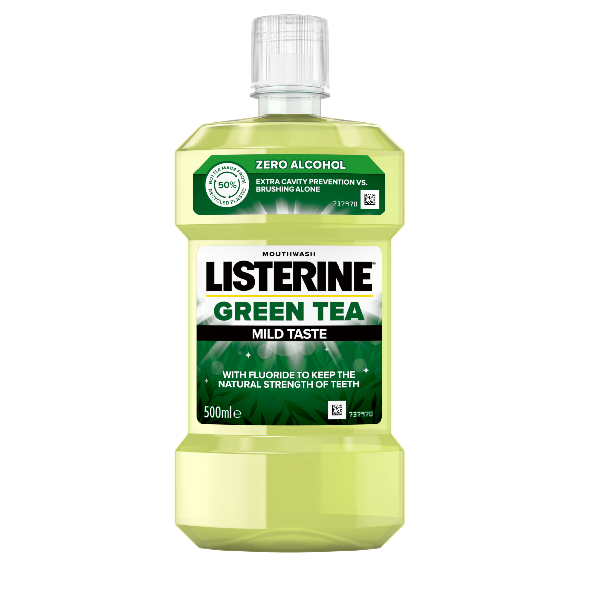 Listerine Green Tea Mild Taste 500 ml termékfotó, extra cavity prevention vs. brushing alone és with fluoride to keep the natural strength of teeth feliratokkal