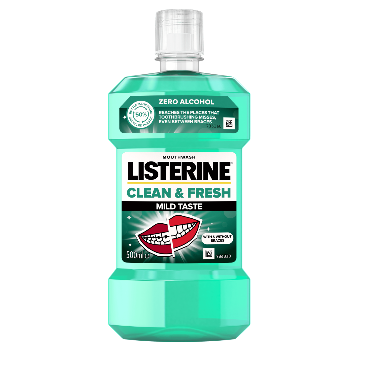 Listerine Clean & Fresh Mild Taste 500 ml termékfotó, reaches the places that toothbrushing misses, even between braces és with & without braces feliratokkal