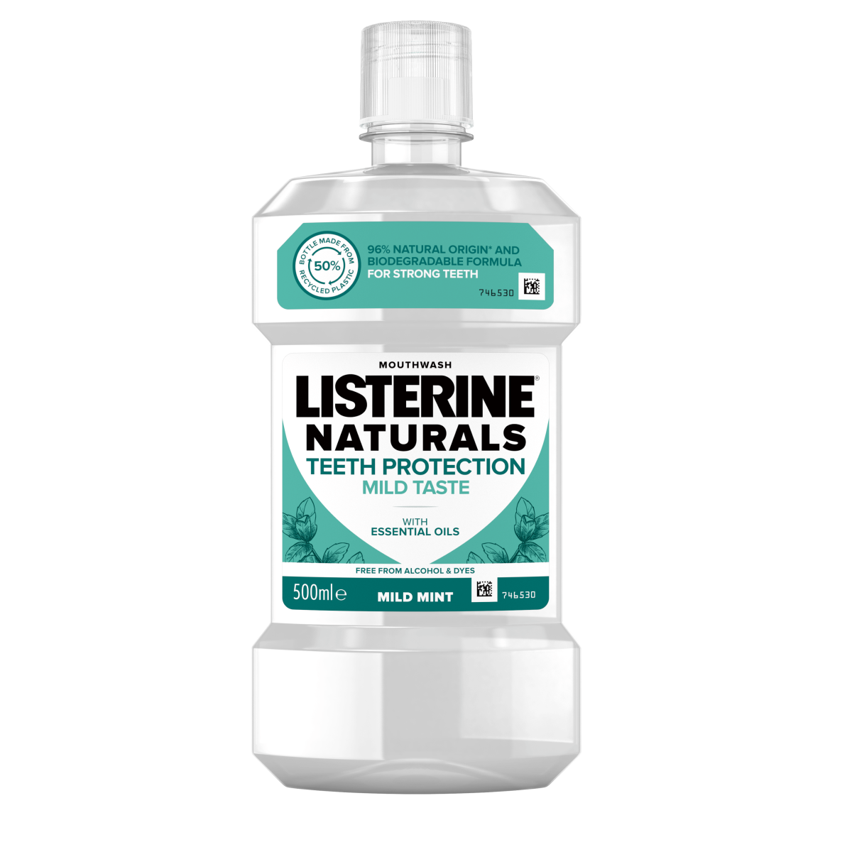 Listerine Naturals Teeth Protection Mild Taste 500 ml termékfotó, 96% natural origin and biodegradable formula for strong teeth, free from alcohol & dyes feliratokkal