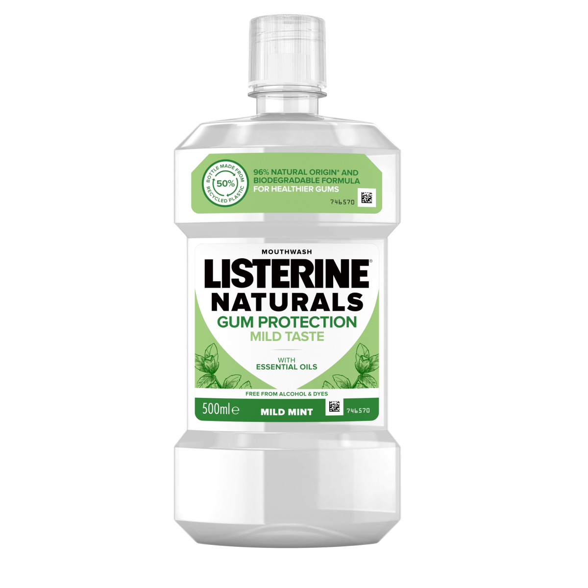 Listerine Naturals Gum Protection Mild Taste 500 ml termékfotó, 96% naturals origin and biodegradable formula for healthier gums felirattal