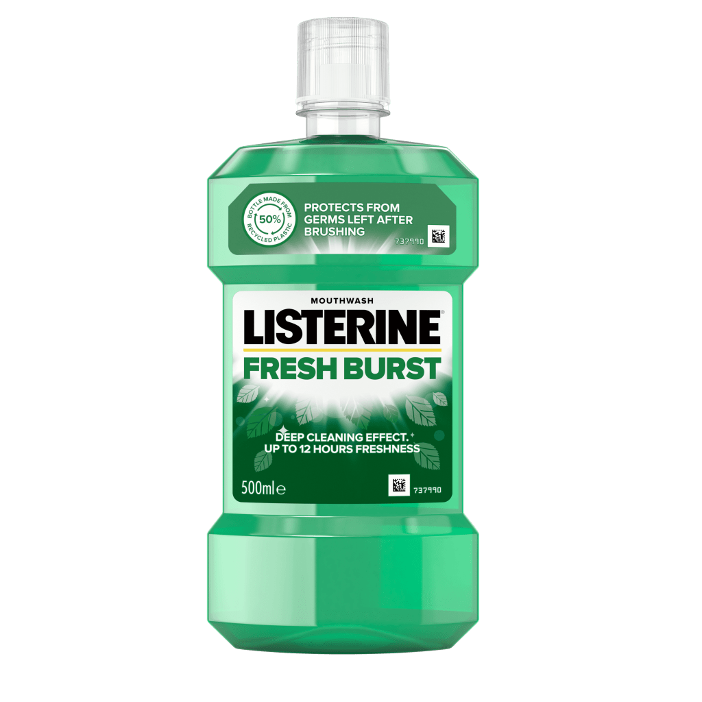 Listerine Fresh Burst 500 ml termékfotó, Protects from Germs left after brushing és Deep Cleaning effect up to 12 hours freshness feliratokkal
