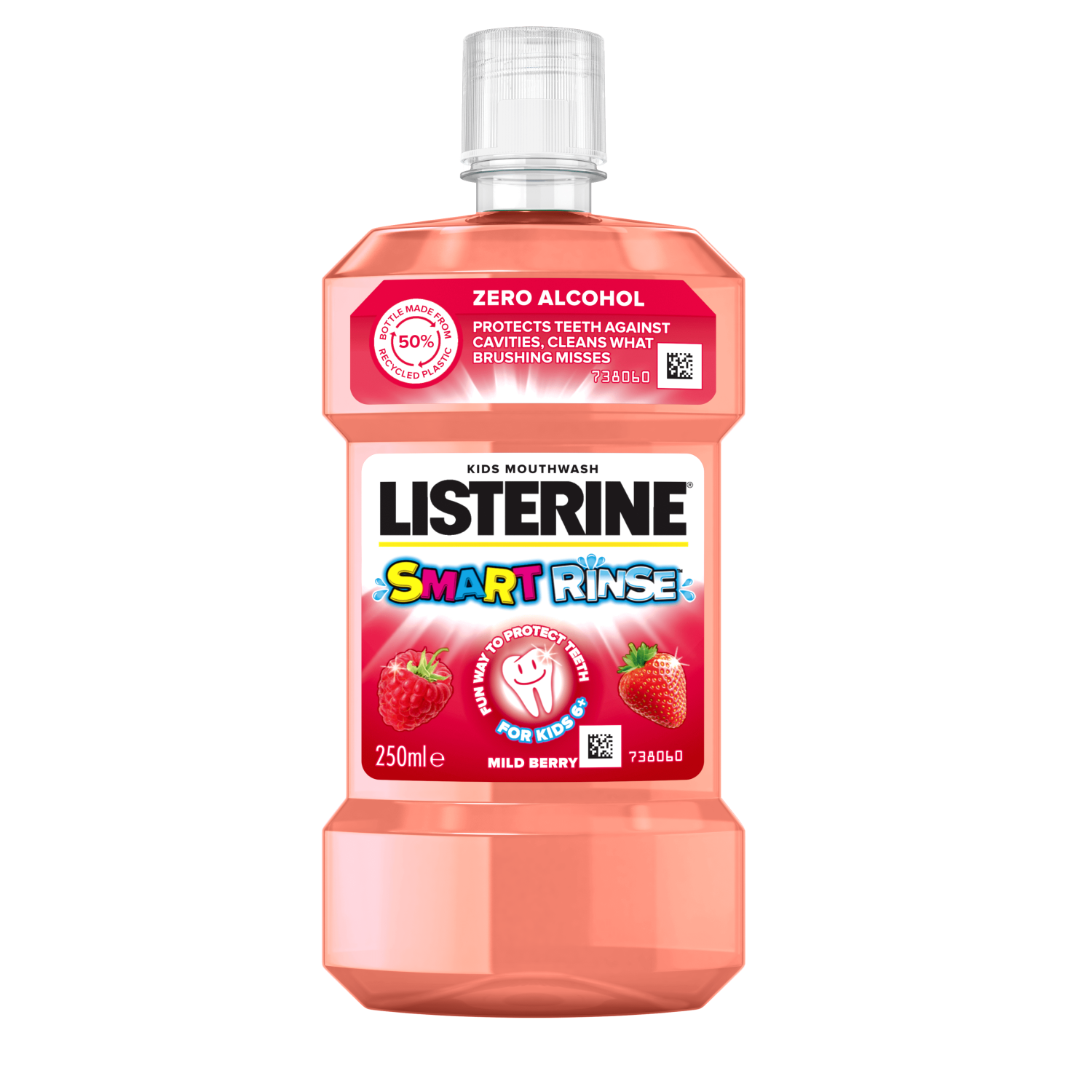 Listerine Smart Rinse Mild Berry 250ml For Kids 6+ termékfotó, Zero Alcohol és Protects teeth against cavities, cleans what brushing misses feliratokkal