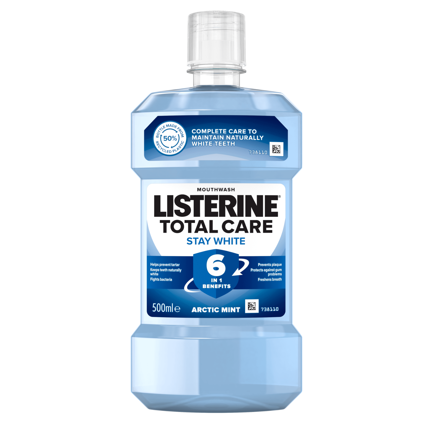 Listerine Total Care Stay White 6 benefits in 1 500 ml termékfotó, complete care to maintain naturally white teeth, helps prevent tartar, keeps teeth naturally white, fights bacteria, prevents plaque, protects against gum problems, freshens breath