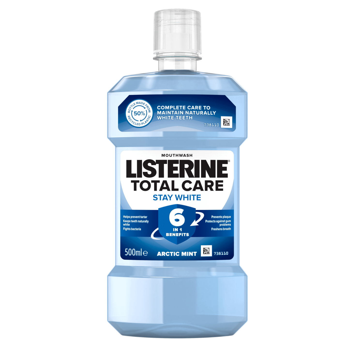 Listerine Total Care Stay White 6 benefits in 1 500 ml termékfotó, complete care to maintain naturally white teeth, helps prevent tartar, keeps teeth naturally white, fights bacteria, prevents plaque, protects against gum problems, freshens breath