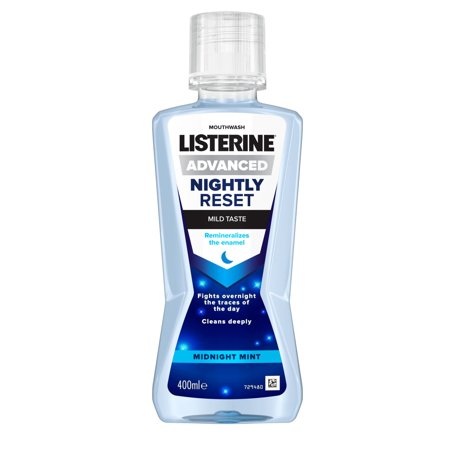 Listerine Advanced Nightly Reset Mild Taste Midnight Mint 400 ml, remineralizes the enamel, fights overnight the traces of the day, cleans deeply feliratokkal
