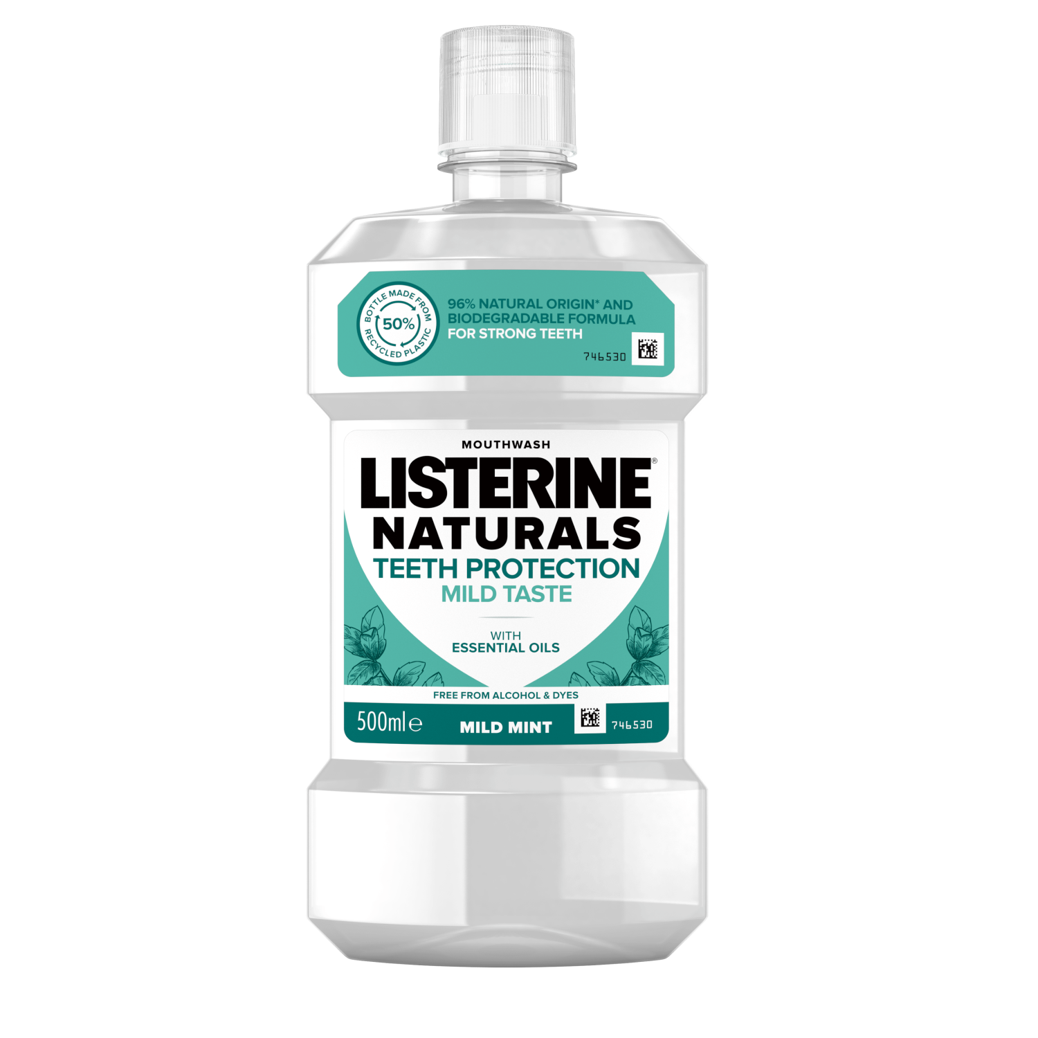 Listerine Naturals Teeth Protection Mild Taste 500 ml termékfotó, 96% natural origin and biodegradable formula for strong teeth, free from alcohol & dyes feliratokkal