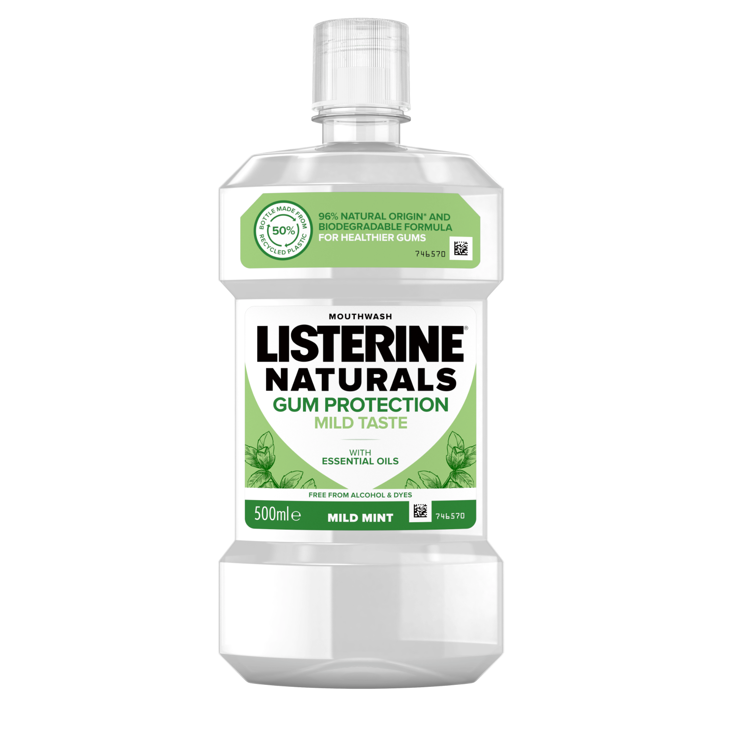 Listerine Naturals Gum Protection Mild Taste 500 ml termékfotó, 96% naturals origin and biodegradable formula for healthier gums felirattal