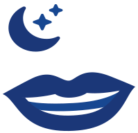 sötét mosolygó száj kilógó alsó és felső fogsorral felette a holddal és két csillaggal ikon